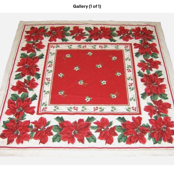 Vintage Christmas Tablecloth 55”x55” Square Red Poinsettia Tablecloth - Picture 1 of 1